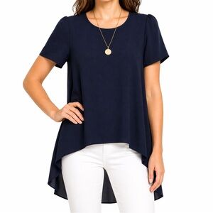 Philosophy Navy Layered Chiffon Blouse S Short Sleeve Flowy Tunic Top